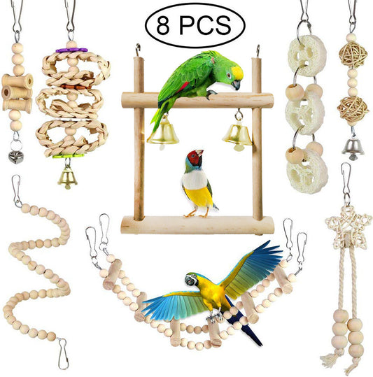 Set of 8 Parrot Chewing Toys: Log Swing Bird Toys