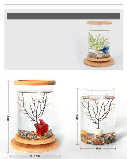 Mini Glass Fish Tank: Small Office Aquarium with Bamboo Base