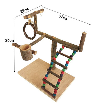 Solid Wood Parrot Training Station: Bird Shelf with Toys