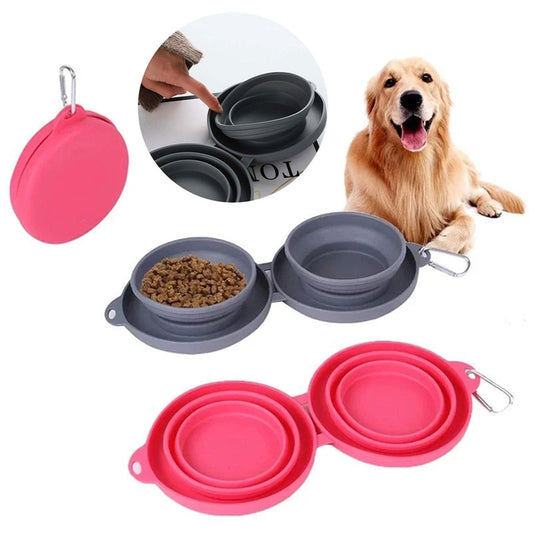 Rubber Foldable Double Pet Feeding Bowl for Dogs & Cats