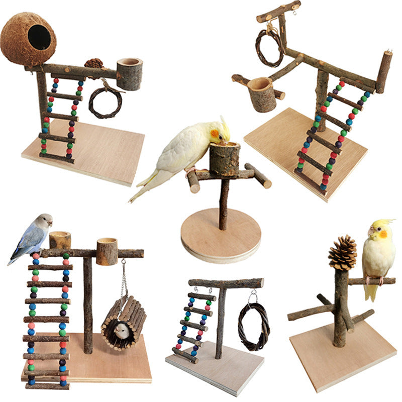 Solid Wood Parrot Training Station: Bird Shelf with Toys