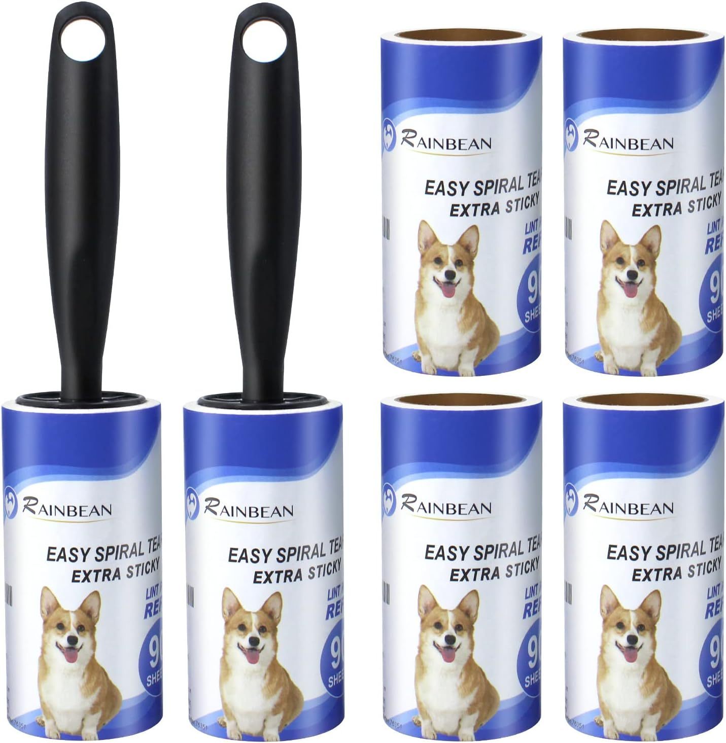 Rainbean Extra Sticky Lint Rollers: Pet Hair Remover with 6 Refills and 2 Upgrade Handles