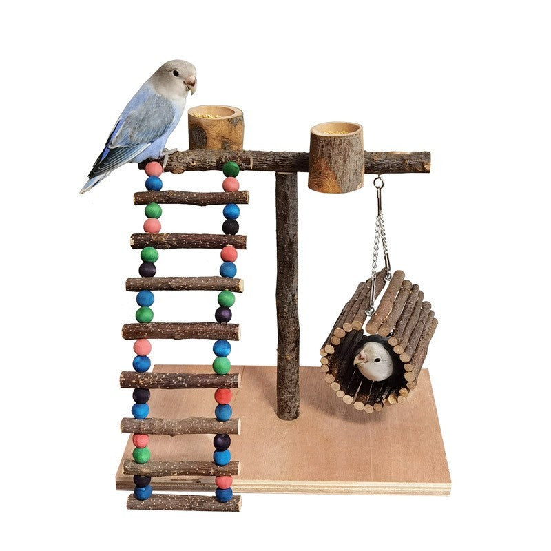 Solid Wood Parrot Training Station: Bird Shelf with Toys